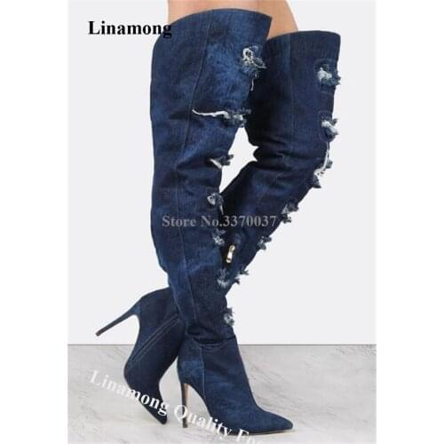 Linamong Western Style Pointed Toe Denim Over Knee Loose Stiletto Heel Gladiator Boots Cut-out Dark Blue Long High Heel Boots
