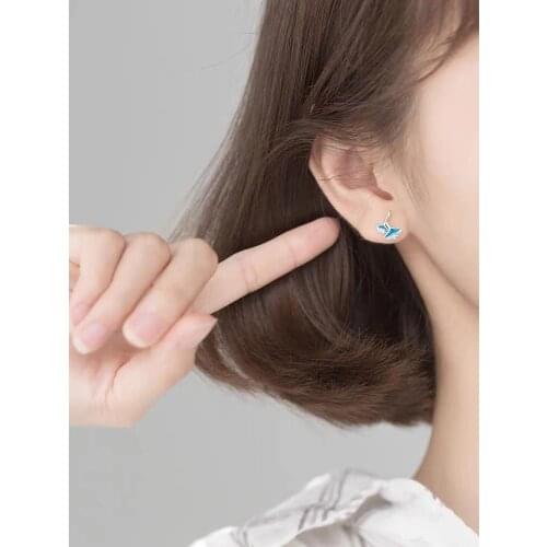 S925 silver ins style sweet jewelry with Japanese fresh blue apricot leaf small earrings art students simple girl heart earrings