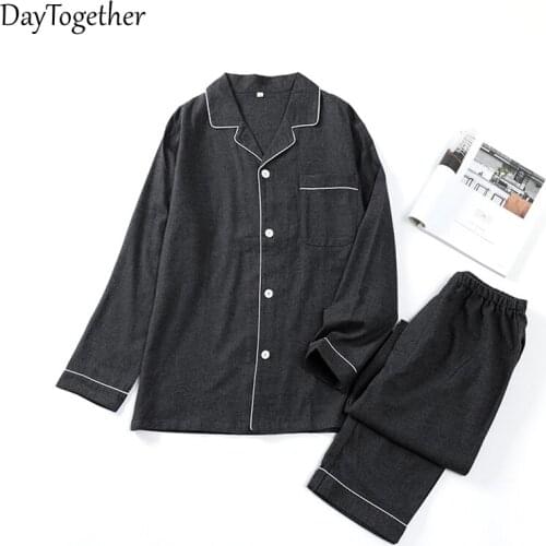 Man Cotton Flannel Pajamas Long Sleeve Tops With Pocket Pants Sleepwear Spring Male Home Clothes