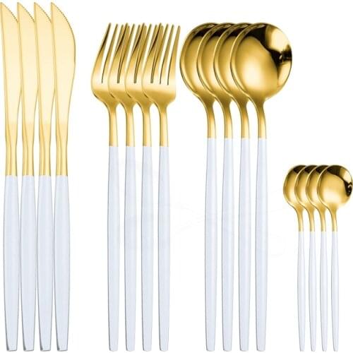 Kitchen Tableware Dinnerware Set Stainless Steel Cutlery White and Gold Cutlery Set 16 Pieces Knife Spoon Fork Set Dropshipping