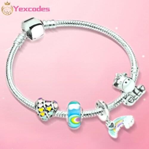 Yexcodes New Silver-plated Mens And Womens Bracelets, DIY Heart-shaped Rainbow Unicorns, Branded Ladies' Bracelet Gifts