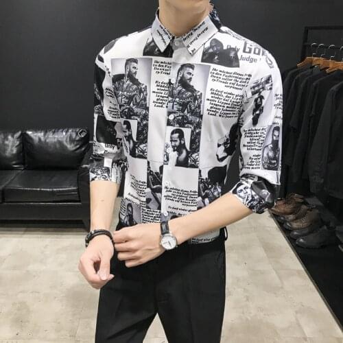 Plus Size 5XL-M Fashion Newspaper Print Half Sleeve Shirts For Men Clothing 2021 Simple Slim Fit Casual Tuxedo Dress Blouses Hot