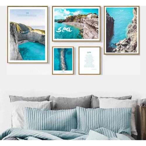 Blue sea scenery canvas painting life quote wall picture home decor the sea scenery art posters quote art prints HD2798