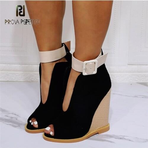 Autumn New Style Fish Mouth Wedge Hollow Roman High-heeled Shoes Black Suede White Belt Buckle Hollow Fashion Retro Sandals