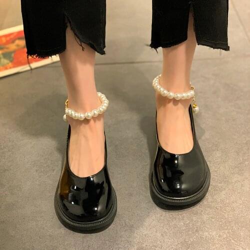 Spring Autumn Women Platform Mary Janes Shoes Peals Ankle Strap Leather Shoes Round Toe Lolita Shoes Black Oxford Shoes 9228N