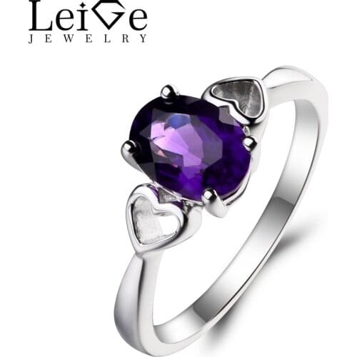 Leige Jewelry Solitaire Ring Natural Amethyst Ring Wedding Ring Purple Gemstone February Birthstone 925 Sterling Silver Ring