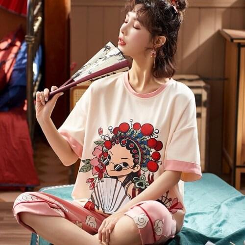 2021 Summer Short Sleeve Cotton Pajamas Women Fashion Sleepshirt Calf-Length Pants Set 2 Pieces Ladies Nightwear Home Clothing