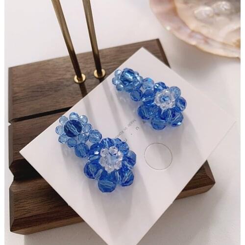 2021 New Trend Blue Crystal Flower Hand-woven Multi-layer Summer Bead Dangle Earrings Temperament Elegant Women Earring jewelry
