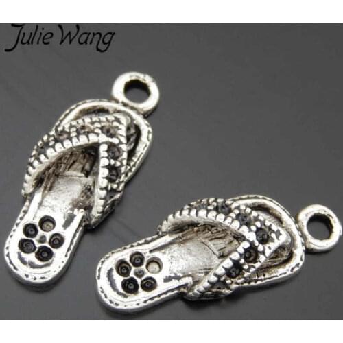 Julie Wang 15PCS Vintage Flip Flops Shoes Charms Alloy Pendant Antique Silver Color Handmade Necklace Jewelry Making Accessory