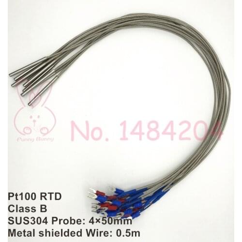 PT100 Class B Temperature Sensor RTD SUS304 Probe 4mm*50mm 0.5m Metal Shielded Wire Platinum Resistance 3 Wire Up to 450 degree