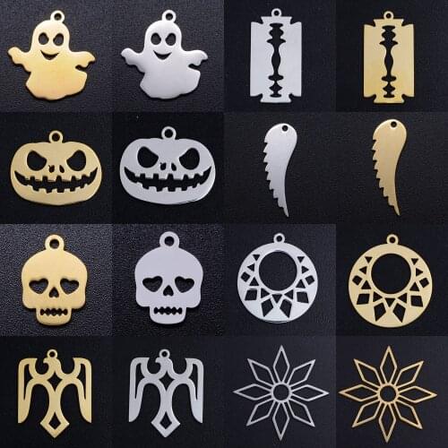 5pcs/lot Halloween Pumkin DIY Charms Wholesale 100% Stainless Steel Skull Ghost Connectors Charm Blade Cross Jewelry Pendant