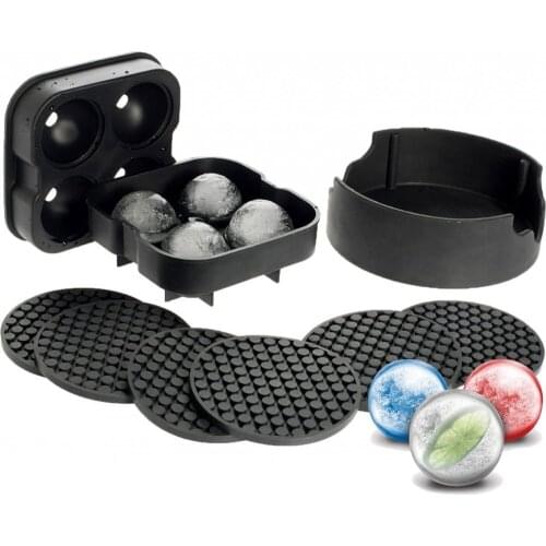 6 PCS Silicone Coasters With Holder & One Set of 4 Ice Ball Mold with a Plastic Hopper - FDA Proved Dishwasher Safe