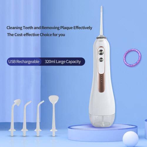 Cordless Oral Irrigator & Nasal Irrigator USB Rechargeable Water Dental Flosser Portable 4 Jet Nozzles 320ML Tank Teeth Cleaner