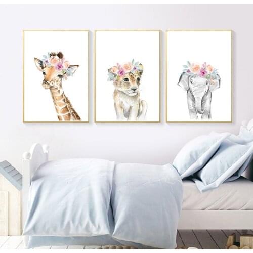 Floral Safari Animal Lion Elephant Canvas Painting Nursery Poster Print Wall Art Pictures Nordic Kids Baby Bedroom Decoration