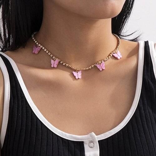 Elegant Temperament Rhinestone Chains Acrylic Butterfly Choker Necklace Women Vintage Geometric Clavicle Necklace Jewelry Gift
