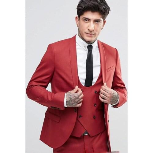 Hot Sale Gentlemen Fit Red 3 Piece Wedding Tuexdos Formal Prom Suit Party Blazer Shawl Papel (Jacket+Pants) Custom Made