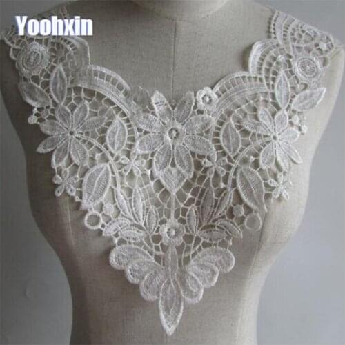 HOT white cotton 3D flower embroidery lace collar Fabric Sewing Applique DIY bridal neckline ribbon trim Guipure wedding decor