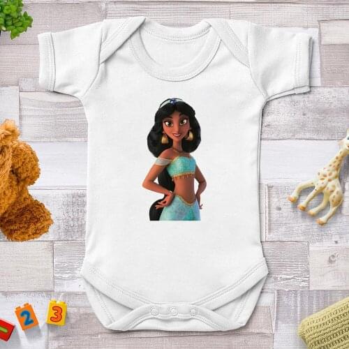 Aladin Cartoon Disney Princess Jasmine Printed Baby Girl Rompers Baby Clothes Newborn Summer White Jumpsuits Bodysuits For Bebe