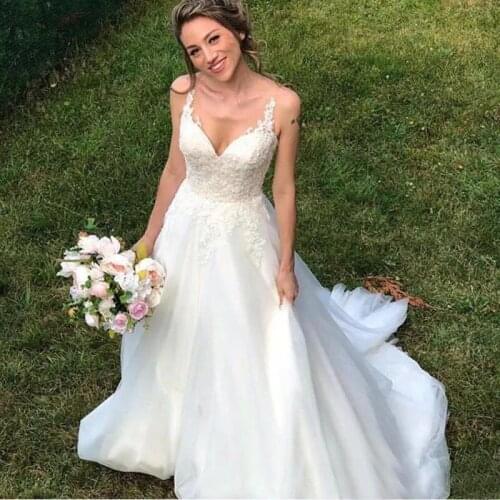 Lace Appliques Wedding Dresses for Bride 2021 Spaghetti Straos V Neck Bridal Gowns vestido de noiva