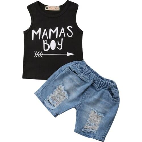 Summer Toddler Kid Baby Boys Clothes Sets Sleeveless Letter T Shirts Tops Hollow Hole Denim Short Pants Outfits 2PCS