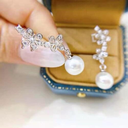 M418 Solid 925 Sterling Silver Almost Round 9-10mm Nature Fresh Water White Pearls Drop Dangle Earrings for Women Fine Presents