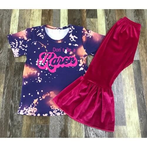 Fashion boutique childrens clothes girls tie-dye short sleeve red velvet velvet bell bottom pantsuit