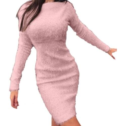 Fashion Women Dresses Sexy Autumn Solid Color Long Sleeve Sweater Fluffy Kee-length Bodycon Dress vestido de muje 2021
