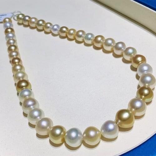 HENGSHENG 9-13mm Natural Ocean Pearls Mix Color Pearl Tower Necklace Chain , High Luster Nearly Round Pearl Female Jewelry Gift