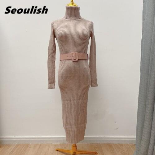Seoulish Autumn Winter 2021 New Knitted Dress with Belted High Waist Basic Long Sleeve Sheath Bodycon Sexy Sweater Dress Female