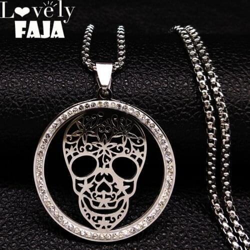 2021 Skull Crystal Stainless Steel Necklace Women Halloween Silver Color Necklaces Pendants Jewelry calavera mexicana N18527