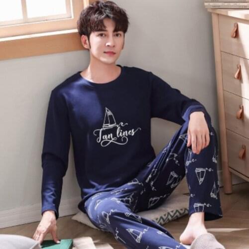 New Promotion Sleep Wear Men Elegant Moisture Wicking Print Sailboat Pajamas Men Long Sleeve Cotton Round Neck Sleepshirt