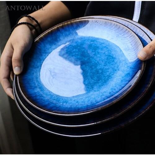 ANTOWALL Blue Western-style ceramic food plate steak plate, round tray, domestic commercial tableware steak dish plate