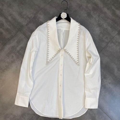 FABPOP 2021 Autumn New Arrivals Long Sleeve Turn Down Collar Diamonds Loose White Shirt Women Casual GC378