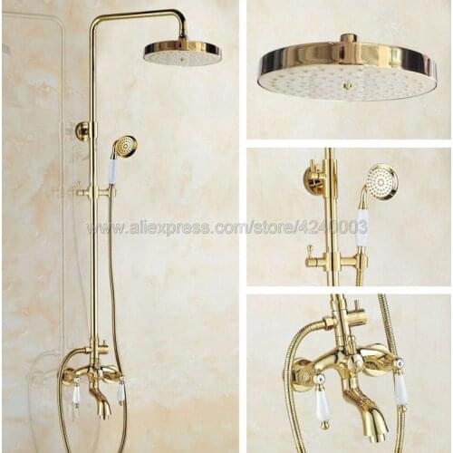 Luxury Gold Color Brass Shower Faucets Set Brass Rainfall Shower Mixer Tap Swivel Tub Spout Bathroom Shower Faucet Kgf435