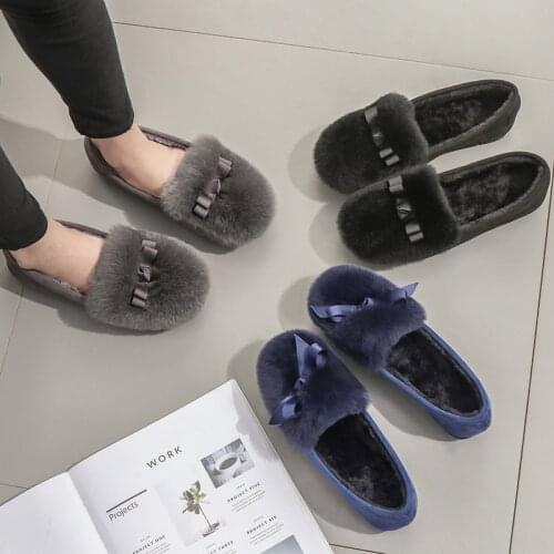 Bowknot furry shoes woman winter plush solid flats round toe flock slip-on creepers loafers casual female brief cotton footwear