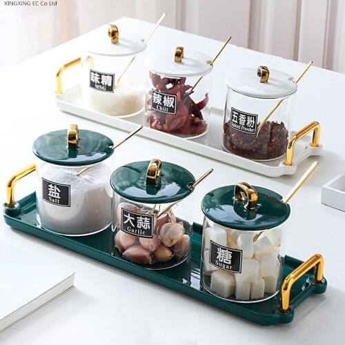 Glass Bottle Seasoning Box Ceramic Seasoning Pot Household Spoon with Lid Salt Sugar Bowl Kitchen Supplies Storage Container