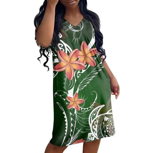 Stylish Polynesian Tribal Turtle Print Night Dresses for Woman Casual Hawaiian Floral Plumeria Tshirt Dress Short Sleeve Custom