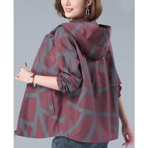 Spring Autumn Female Windbreakers New Print Zipper Short Jacket Loose Plus Size 4XL Lining Thin Hooded Outerwear Women Tops 734