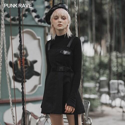 PUNK RAVE Womens Punk Military Asymmetrical Placket Slip Heart-shaped Skeleton Embroidery Dress X-style Futuristic Sweet Dress