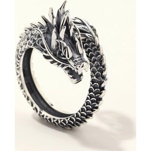 Season Gate 925 Sterling Silver Punk Retro Personality Vivid Dragon Adjustable Size Open Ring SR190