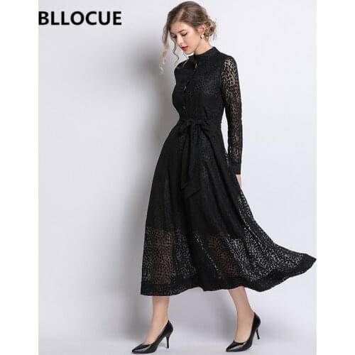 BLLOCUE High Quality Runway Dress 2020 Spring Women Long Sleeve Elegant Lace-up Slim Black Vintage Lace Party Dress Vestidos