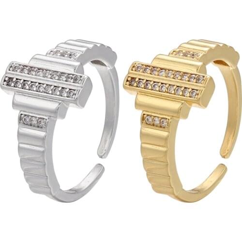 ZHUKOU gold silver color simple rings for women Parallel Line opening Ring CZ crystal adjustable rings Jewelry wholesale VJ236