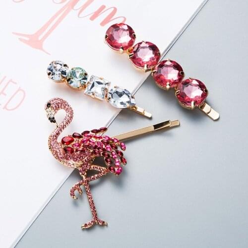 1SET Red Crystal Metal Hairpins Hair Clips for Women Flamingo Rhinestones Hairgrip Hair Accessories Party Wedding Hair Jewelery