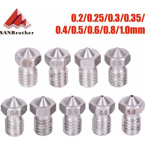 2pcs V5 V6 Stainless steel Nozzle 0.2/0.3/0.4/0.5/0.6/0.8mm M6 thread Nozzle for 3D Printer E3d 1.75/3.00MM Extruder Print Head
