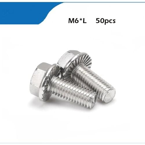 50pcs/lot DIN6921 Stainless steel hex flange bolt serrated flanged bolt M6*8/10/12/16/20/25/30/35/40/45/50/55/60