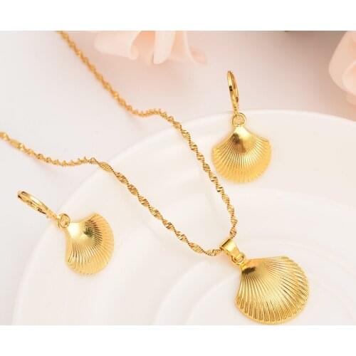 African gold pendant Necklace Earring Set Women Party Gift cute big fan shell charms women girls Fine kids Jewelry gift