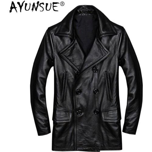 AYUNSUE Mens Leather Jacket Double-breasted Genuine Leather Jacket Men Plus Size Windbreaker Korean Veste Cuir Homme KJ1931