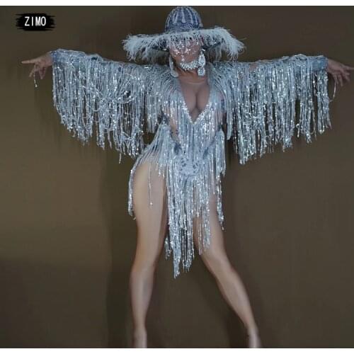 Sparkly sequin Fringe silver Bodysuit for Women Dancer Show Leotard Celebrate Outfit Prom Bar Birthday night club gogo Costumes