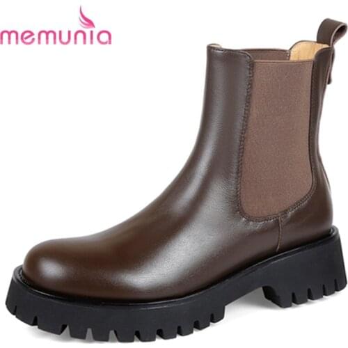 MEMUNIA Genuine Leather Shoes Elastic Band Platform Ankle Boots Flat With Thick Heels Female Boots Winter Simple Retro Hand Made