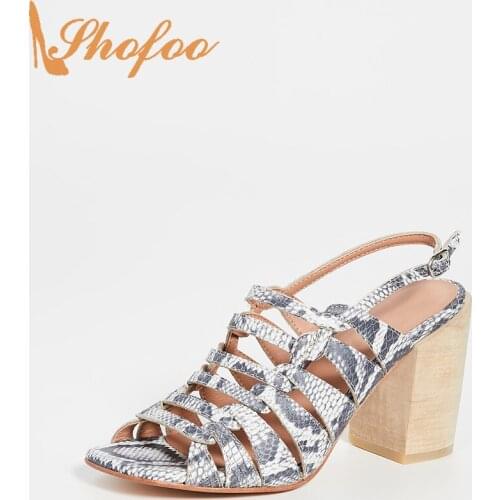 Black White Snake Embossed Pumps Slingback High Chunky Heels Women Square Toe Large Size 12 16 For Ladies Fashion Shoes Shofoo